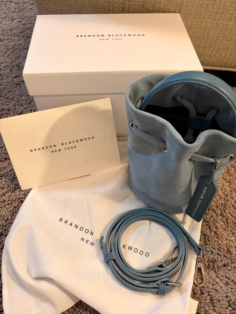 Brandon Blackwood Powder Blue Suede Bucket Bag with Strap